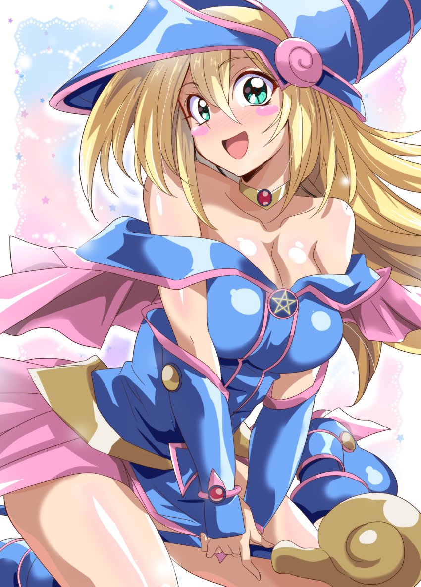 1girl absurdres bare_shoulders blonde_hair blue_footwear blue_headwear blush blush_stickers boots breasts choker cleavage dark_magician_girl duel_monster green_eyes hair_between_eyes hat highres holding holding_wand large_breasts long_hair looking_at_viewer open_mouth pentacle pentagram smile solo staff wand washizuka_shou wizard_hat yu-gi-oh! yu-gi-oh!_duel_monsters