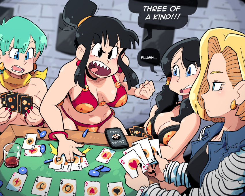 4girls android_18 aqua_hair bikini black_bikini black_eyes black_hair black_nails blonde_hair blue_eyes blue_vest blunt_bangs breasts breasts_apart bulma card cheating_(competitive) chi-chi_(dragon_ball) cleavage cup dragon_ball dragon_ball_z earrings hair_bun highres holding holding_card jewelry medium_breasts multiple_girls navel no_bra orange_nails print_bikini profile red_bikini red_nails scott_malin sharp_teeth short_hair sidelocks speech_bubble strip_game strip_poker striped_sleeves swimsuit teeth twintails upper_body vest videl