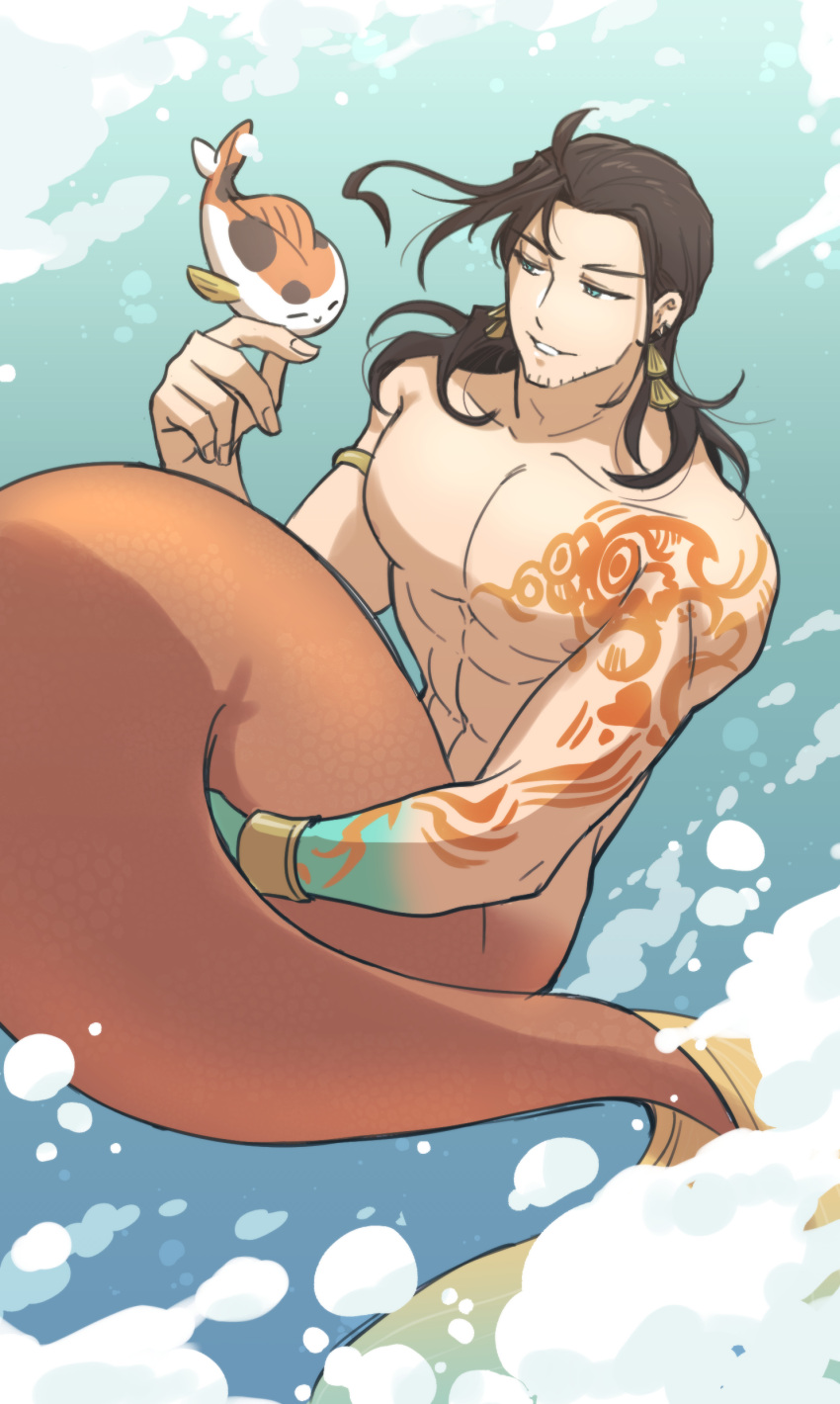 1boy abs absurdres air_bubble amehigejz arm_tattoo black_hair bubble chest_tattoo colored_skin earrings english_commentary facial_hair fins fish fish_tail foam full_body green_eyes hair_down highres holostars holostars_english jewelry josuiji_shinri koi koipanion_(josuiji_shinri) large_pectorals long_hair looking_at_animal male_focus merman monster_boy muscular muscular_male parted_lips pectorals smile solo stubble tail tassel tassel_earrings tattoo underwater virtual_youtuber water