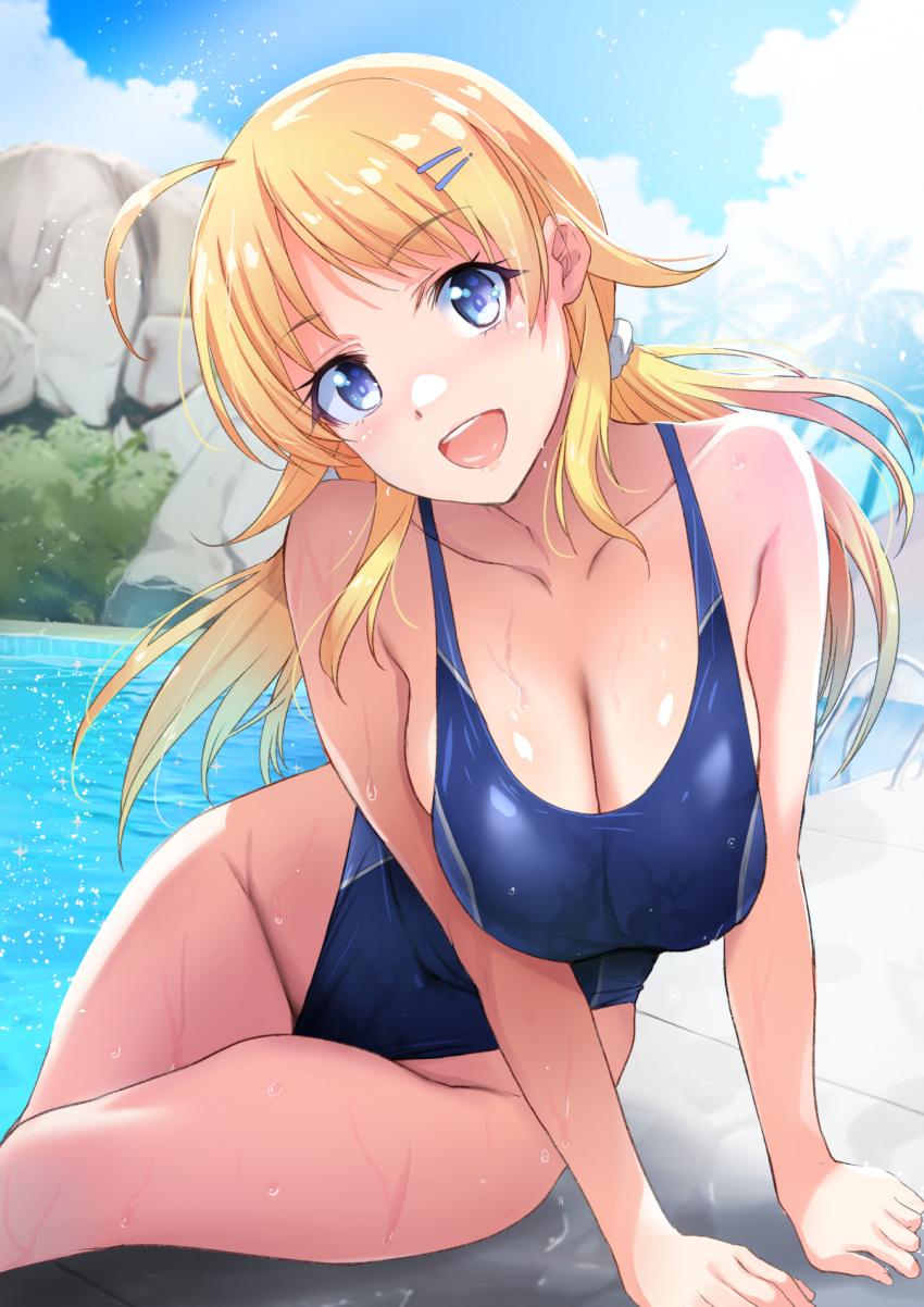 1girl blonde_hair blue_eyes blue_one-piece_swimsuit blue_sky breasts cloud collarbone commentary_request commission day feet_out_of_frame hachimiya_meguru highleg highleg_swimsuit highres idolmaster idolmaster_shiny_colors inue_shinsuke large_breasts long_hair one-piece_swimsuit outdoors rock sitting skeb_commission sky solo swimsuit water yokozuwari