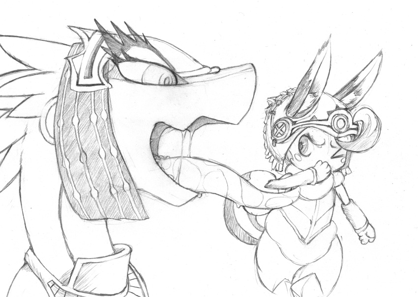 ambiguous_gender anthro armor bodily_fluids breath clothed clothing drauk drooling duo ever_oasis female fur hi_res lagora long_ears long_tongue male male/female miura monochrome nintendo open_mouth saliva saliva_string scalie size_difference sol_(ever_oasis) stench tongue yang_(artist)