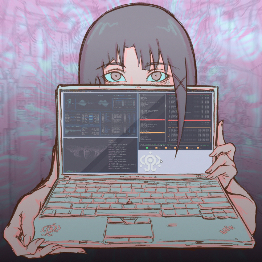 1girl abstract_background absurdres asymmetrical_hair brown_eyes brown_hair computer english_commentary english_text fingernails hair_ornament hairclip highres holding_laptop iwakura_lain laptop music serial_experiments_lain short_hair single_sidelock solo stef_ruvx x_hair_ornament