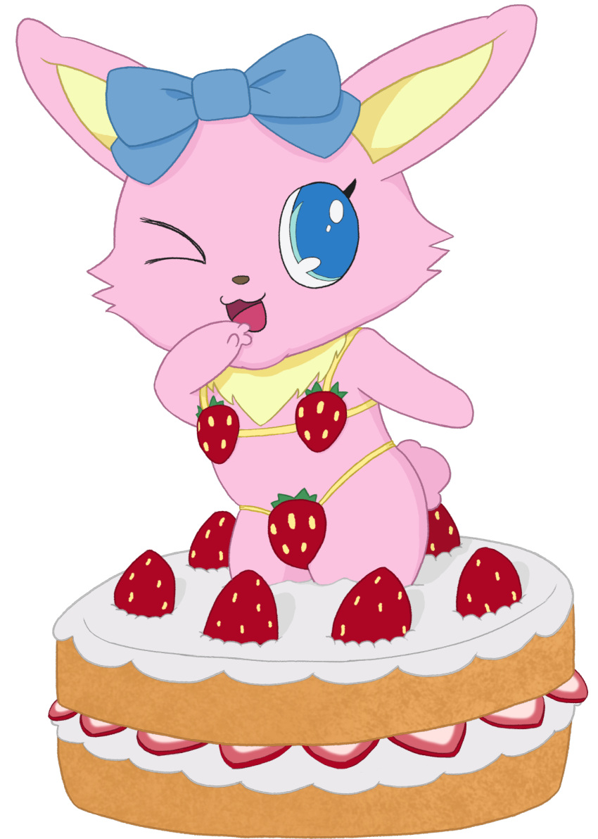 anthro bow_(feature) cake cotton_tail dessert female food fruit fur gesture hi_res jewelpet lagomorph leporid luna_(jewelpet) mammal masterlinkx neck_tuft one_eye_closed pink_body pink_fur plant rabbit sanrio semi-anthro solo strawberry strawberry_bra strawberry_cake strawberry_panties tuft v_sign wink