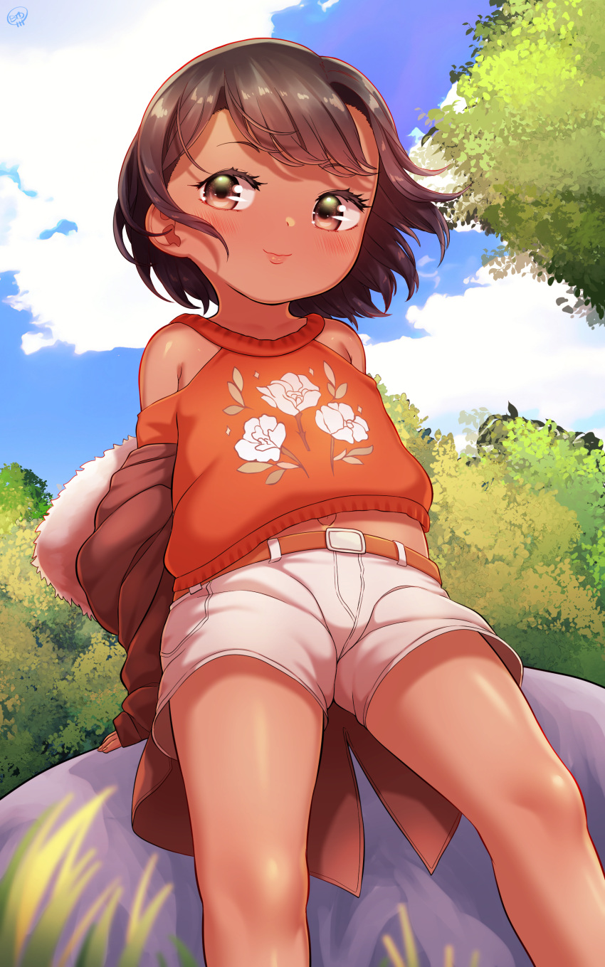 1girl absurdres blue_sky born-to-die brown_eyes brown_hair child closed_mouth cloud dark-skinned_female dark_skin day floral_print green_sweater highres jacket lips original outdoors print_sweater red_jacket shorts sky smile solo sweater white_shorts wind