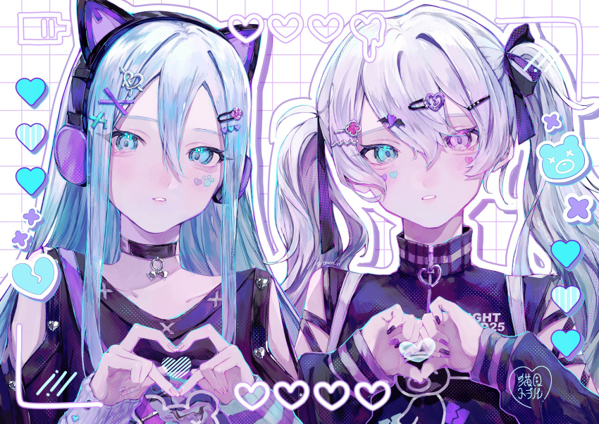 25-ji_miku 2girls absurdres battery_indicator black_choker black_nails black_shirt black_straps blue_eyes blush butterfly_in_eye choker clothing_cutout commentary_request facial_mark hair_between_eyes hair_ornament hairclip hairpin halftone_texture hatsune_miku heart heart_facial_mark heart_hair_ornament heart_hands heterochromia highres long_hair long_sleeves looking_at_viewer multiple_girls nail_polish parted_lips pink_eyes project_sekai purple_nails shirt shoulder_cutout sidelocks towor_n twintails twitter_username upper_body vocaloid white_hair yoisaki_kanade zipper_pull_tab