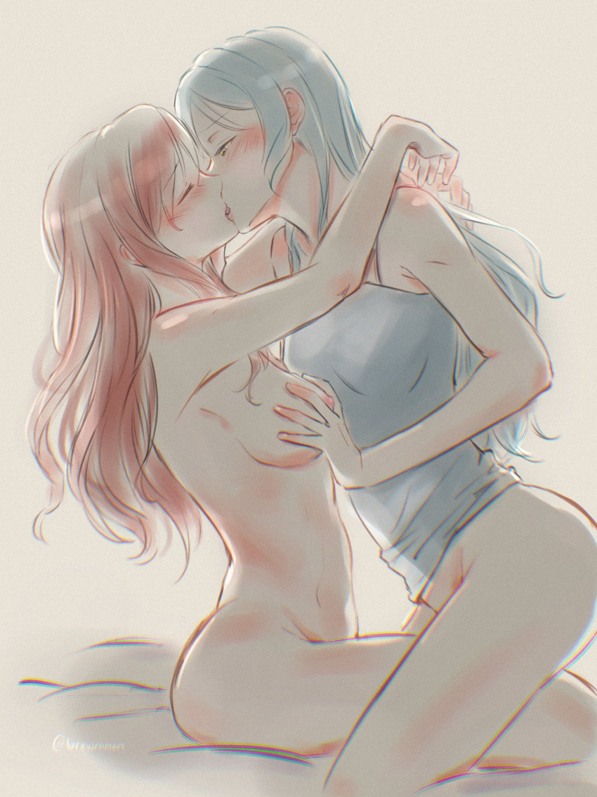 2girls aqua_hair arms_around_neck bang_dream! bed_sheet blue_shirt blush bottomless breasts brown_hair closed_eyes french_kiss grabbing grabbing_another's_breast green_eyes hand_on_another's_chest highres hikawa_sayo imai_lisa kiss long_hair looking_at_another medium_breasts multiple_girls nude protected_link shirt xin_(blueramen) yuri