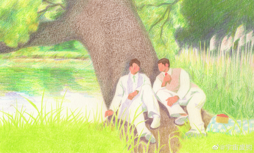 2boys absurdres bara brown_hair couple faceless faceless_male forest formal green_necktie highres husband_and_husband in_tree lake long_sideburns male_focus multiple_boys nature necktie original painterly pants shoes short_hair sideburns sitting sitting_in_tree suit tree vest white_pants white_suit yaoi yuzhou_fei_gou