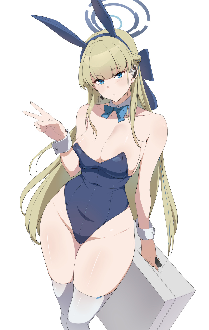 1girl absurdres animal_ears bare_arms bare_shoulders blonde_hair blue_archive blue_bow blue_bowtie blue_eyes blue_hairband blue_leotard blunt_bangs bow bowtie breasts briefcase cleavage commentary detached_collar fake_animal_ears feet_out_of_frame groin hair_bow hairband hand_up highres holding holding_briefcase large_breasts leotard long_hair looking_at_viewer playboy_bunny rabbit_ears simple_background solo standing strapless strapless_leotard thighhighs thighs toki_(blue_archive) very_long_hair white_background white_thighhighs wrist_cuffs xllam