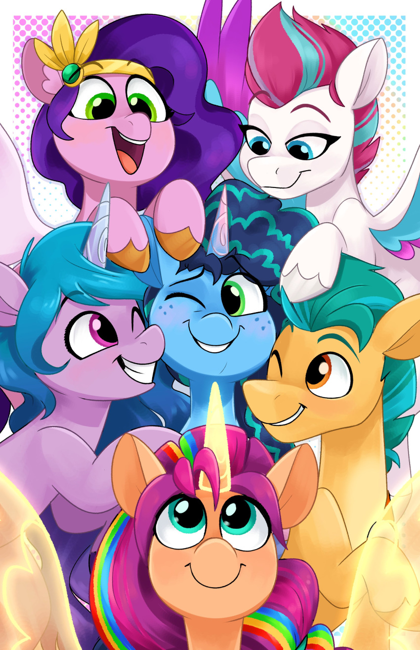 2023 absurd_res blue_body blue_eyes blue_fur blue_hair blue_mane brown_eyes crown digital_media_(artwork) earth_pony equid equine female feral freckles fur green_eyes green_hair green_mane group hair hasbro headgear hi_res hitch_trailblazer_(mlp) hooves horn horse izzy_moonbow_(mlp) luximus17 male mammal mane misty_(g5) mlp_g5 multicolored_hair multicolored_mane my_little_pony one_eye_closed orange_body orange_fur pegasus pink_body pink_fur pink_hair pink_mane pipp_petals_(mlp) pony purple_body purple_eyes purple_fur purple_hair purple_mane sunny_starscout_(mlp) two_tone_hair unicorn white_body white_fur winged_unicorn wings yellow_body yellow_fur zipp_storm_(mlp)