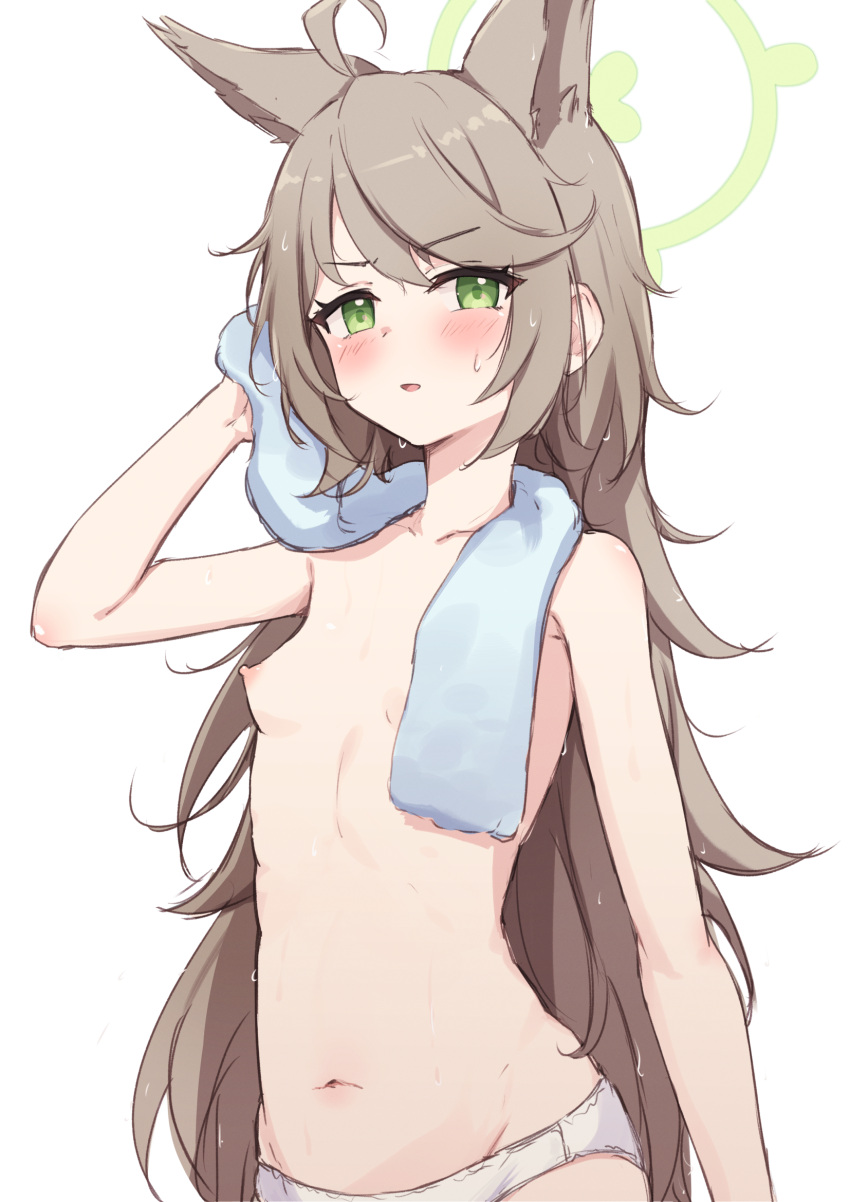 1girl ahoge animal_ears arm_at_side bare_shoulders blue_archive blush breasts brown_hair extra_ears green_eyes groin halo hand_up highres long_hair looking_at_viewer miso_(misomiso_154) navel nipples open_mouth otogi_(blue_archive) panties sidelocks simple_background small_breasts solo topless towel towel_around_neck underwear upper_body very_long_hair wet wet_hair white_background white_panties
