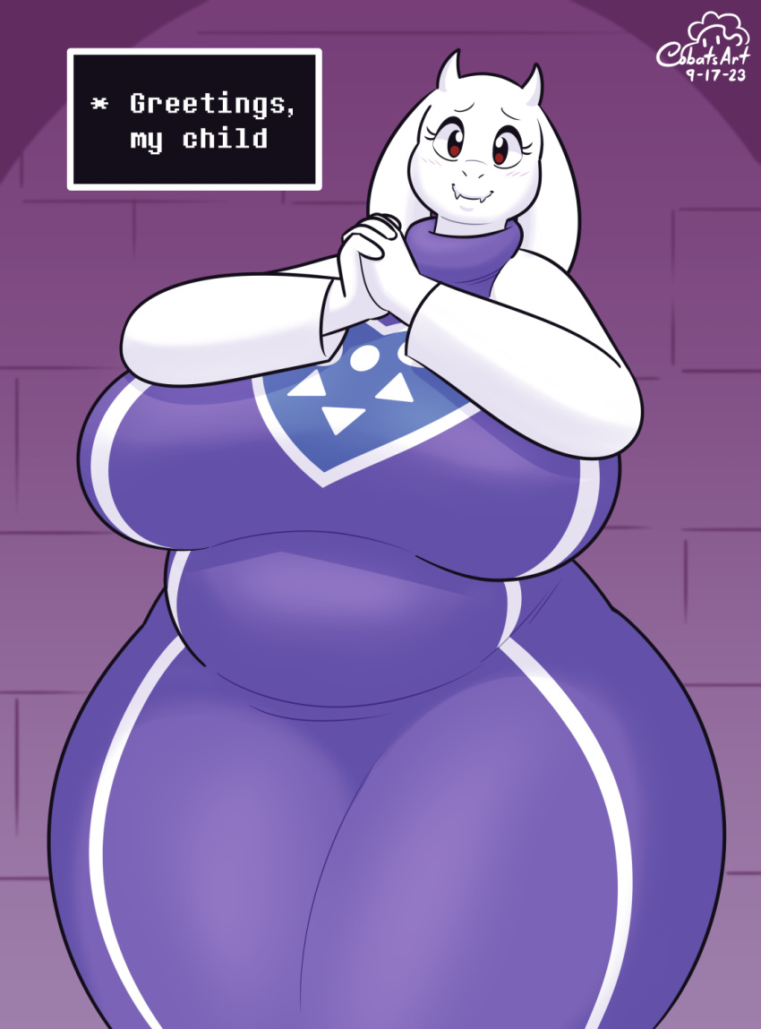 anthro biped boss_monster bovid breasts brown_eyes caprine clothed clothing cobatsart dialogue female goat hi_res looking_at_viewer mammal smile solo text_box toriel undertale undertale_(series) wall_(structure) white_body