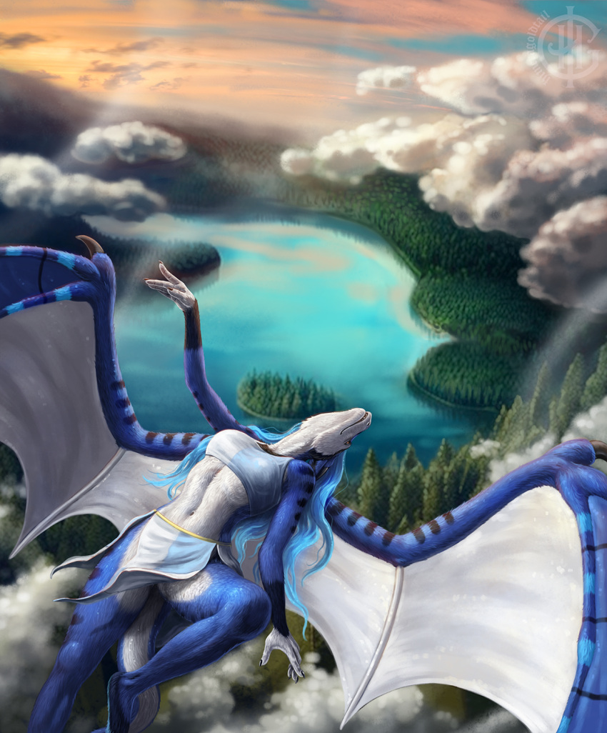 anthro artist_logo artist_name blue_body blue_clothing blue_fur blue_hair blue_topwear bottomwear clothed clothing cloud dragon female forest front_view fur hair hi_res himeragoldtail lake logo loincloth long_hair membrane_(anatomy) membranous_wings navel orange_eyes outside plant sky solo topwear tree white_body white_clothing white_fur white_topwear white_wings wings