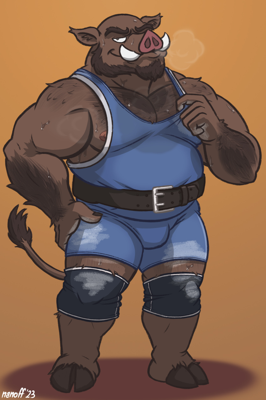 absurd_res anthro barazoku belt bodily_fluids chalk chubby_male hand_on_hip hi_res knee_band male mammal mature_male musclegut muscular muscular_male nanoff nipple_slip solo suarez_(nanoff) suid suina sus_(pig) sweat tugging_clothing wild_boar wrestling_singlet