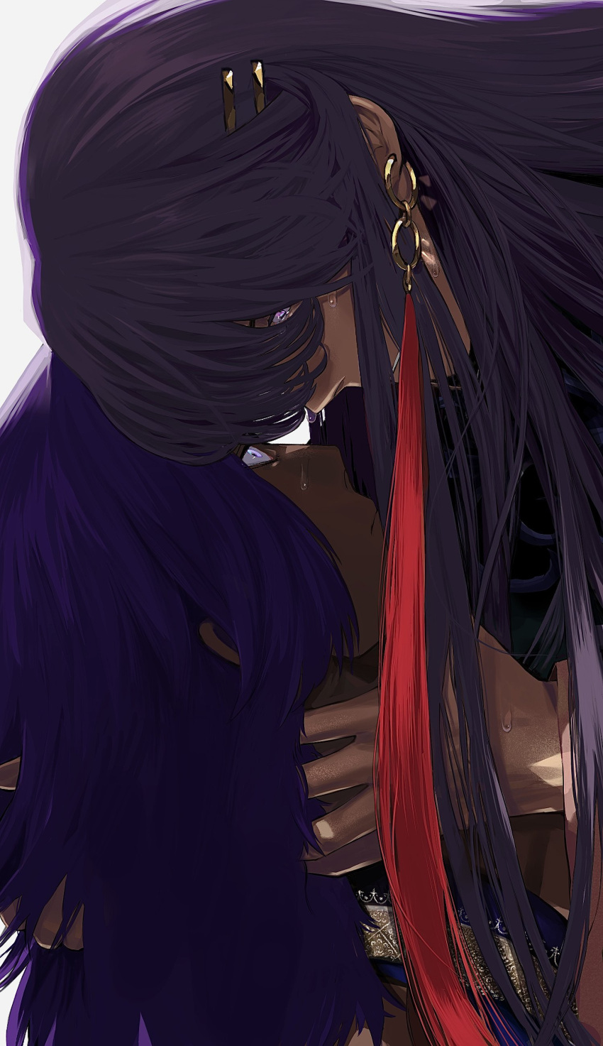 2boys absurdres bhima_(fate) blank_stare brothers crying crying_with_eyes_open dark-skinned_male dark_skin duryodhana_(fate) earrings expressionless eye_contact facial_hair fate/grand_order fate_(series) goatee gradient_eyes hand_in_another's_hair highres jewelry long_hair looking_at_another male_focus multicolored_eyes multiple_boys official_alternate_hairstyle purple_hair purple_vest sad short_hair siblings single_earring tears upper_body vest y_ahyahyah
