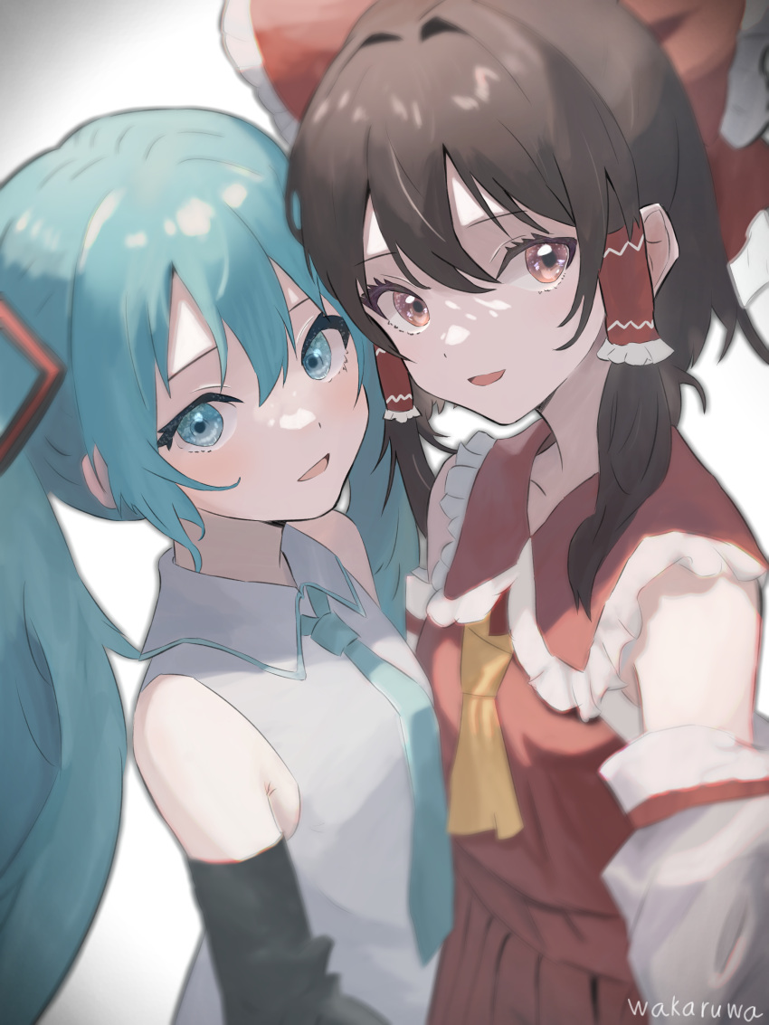 2girls absurdres aqua_eyes aqua_hair aqua_necktie artist_name ascot bare_shoulders blurry bow breasts brown_eyes brown_hair commentary_request crossover detached_sleeves frilled_bow frilled_hair_tubes frilled_shirt_collar frills hair_between_eyes hair_bow hair_tubes hakurei_reimu hatsune_miku highres looking_at_viewer loose_necktie multiple_girls naruhodo_ok necktie nontraditional_miko open_mouth red_bow red_skirt shirt sidelocks signature skirt skirt_set sleeveless sleeveless_shirt small_breasts smile touhou twintails upper_body vocaloid yellow_ascot