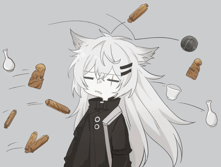 1girl animal_ear_fluff animal_ears antenna_hair arknights black_jacket closed_eyes collared_jacket commentary_request confused deformed facing_ahead from_side grey_background grey_hair hair_between_eyes hair_ornament hairclip high_collar highres itonatsu jacket lappland_(arknights) layered_sleeves long_hair long_sleeves messy_hair motion_lines pale_skin parted_bangs parted_lips rolling_pin scar scar_across_eye scar_on_face short_over_long_sleeves short_sleeves sidelocks simple_background solo standing teeth thrown upper_body vase very_long_hair wolf_ears wolf_girl