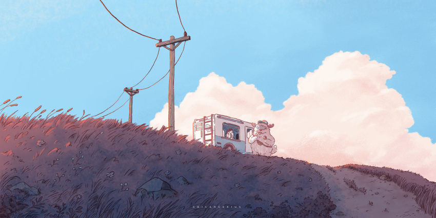 1girl aoicancerius artist_name blue_headwear blue_sky cloud day dual_wielding english_text food_truck grass highres holding ice_cream_cone ladder landscape motor_vehicle original power_lines scenery sky summer van yeti_(creature)