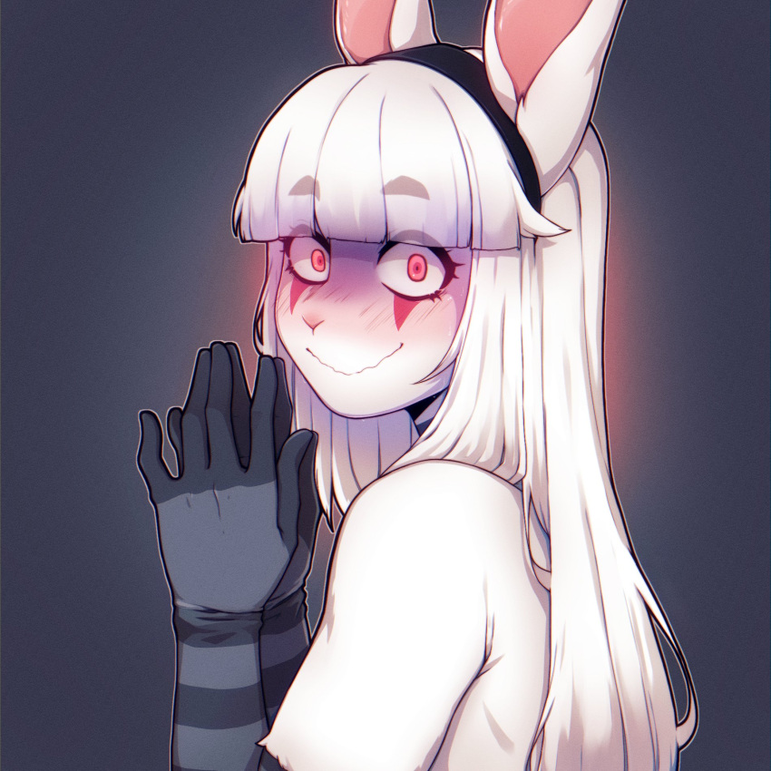 1girl animal_ears black_gloves black_hairband blunt_bangs blush colored_skin copyright_request gloves gradient_background grey_gloves hairband hands_up highres long_hair looking_at_viewer looking_to_the_side original own_hands_together rabbit_ears rabbit_girl red_eyes shiny_skin smile solo suelix two-tone_gloves wavy_mouth white_hair white_skin