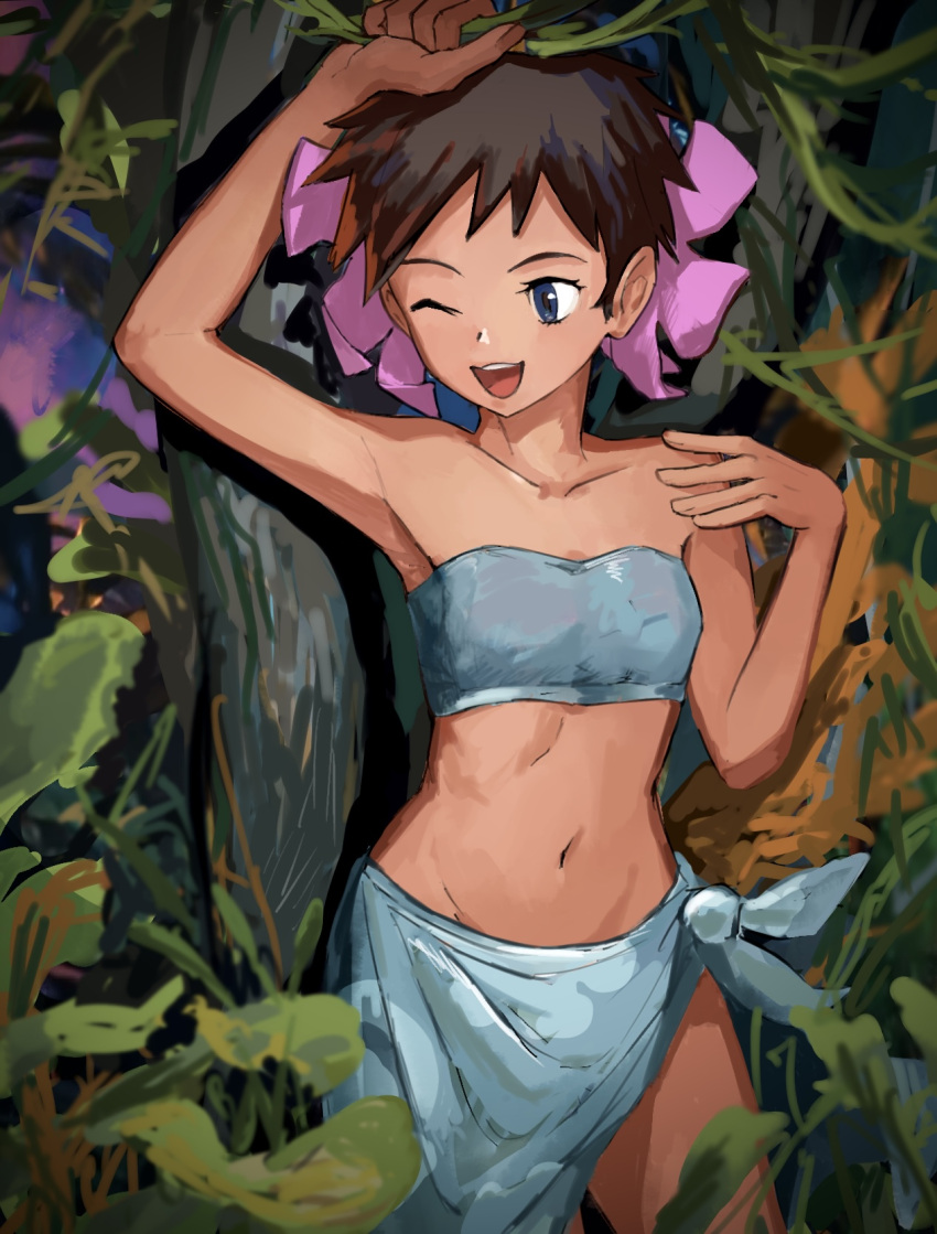 1girl ;d armpits bare_shoulders blue_eyes blue_sarong blue_tube_top brown_hair collarbone dark-skinned_female dark_skin flower hair_flower hair_ornament highres jungle keina_(ke1na_h) nature navel one_eye_closed open_mouth outdoors phoebe_(pokemon) pink_flower plant pokemon pokemon_(game) pokemon_oras sarong short_hair smile solo strapless teeth tree tube_top upper_teeth_only vines