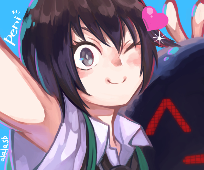 1girl ^_^ artist_name backpack bag black_hair black_necktie blue_background blush bright_pupils brown_eyes bunny_ears_prank c: character_name close-up closed_eyes closed_mouth commentary dress_shirt green_bag hair_between_eyes heart loose_necktie marvel mecha necktie one_eye_closed peni_parker portrait robot school_uniform selfie shirt short_hair short_sleeves signature smile solo sp//dr sparkle spider-man:_into_the_spider-verse spider-man_(series) sushi_pizza_rrr v white_shirt