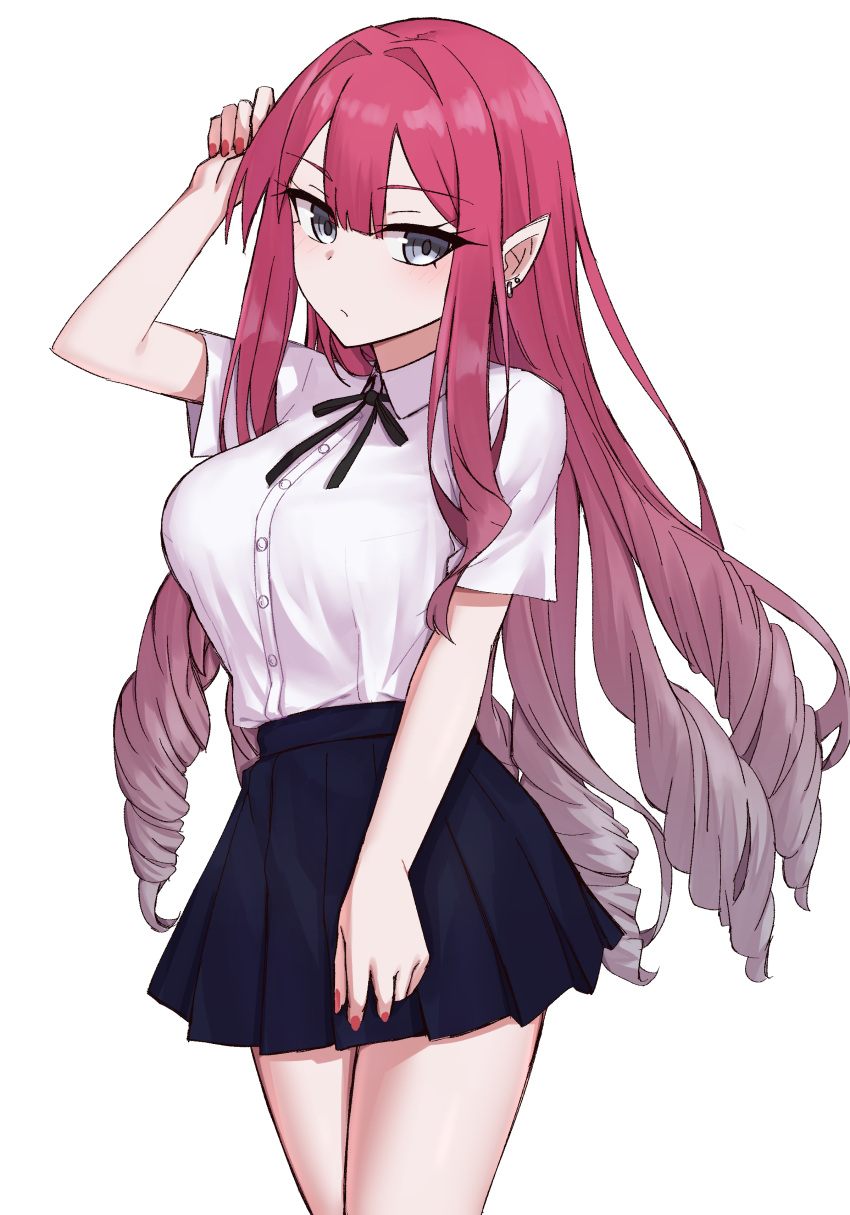 1girl absurdres baobhan_sith_(fate) black_ribbon black_skirt drill_hair elfenlied22 fate/grand_order fate_(series) gradient_hair grey_eyes hand_up highres looking_at_viewer multicolored_hair nail_polish red_nails ribbon school_uniform shirt simple_background skirt solo thighs white_background white_shirt