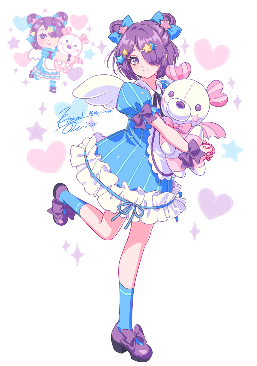 1girl absurdres apron blue_bow blue_dress blue_socks blush bow closed_mouth collared_dress double_bun dress frilled_dress frills full_body hair_bow hair_bun hair_ornament hair_over_one_eye hairclip heart highres holding holding_stuffed_toy irasutoya kisumi_rei looking_at_viewer mary_janes object_hug puffy_short_sleeves puffy_sleeves purple_eyes purple_footwear purple_hair purple_ribbon ribbon shoes short_hair short_sleeves signature smile socks solo sparkle standing standing_on_one_leg star_(symbol) star_hair_ornament stuffed_toy twitter_username white_apron white_background white_wings wings yume_kawaii yumekawa_joshi_(irasutoya)