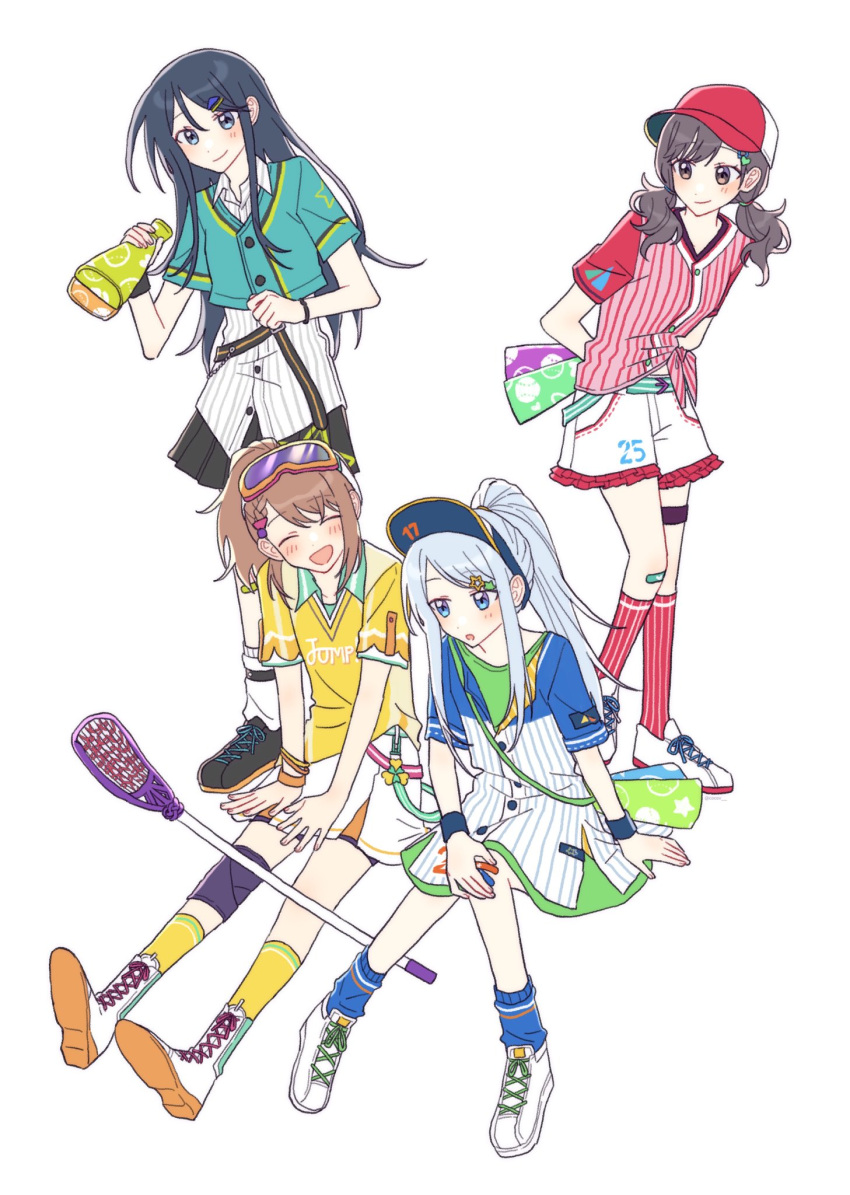 4girls baseball_cap baseball_uniform blue_eyes blue_hair blue_socks blush brown_eyes brown_hair cocov dress goggles goggles_on_head hanasato_minori hat high_ponytail highres hoshino_ichika_(project_sekai) long_hair low_twintails minna_de_enjoy!_spojoy_park_(project_sekai) multiple_girls project_sekai red_headwear red_shirt rena_erindel shinonome_ena shirt shoes short_sleeves shorts simple_background sitting skirt smile sneakers socks sportswear twintails very_long_hair white_background white_dress white_footwear white_hair white_shorts white_skirt wind_sneaker_(elsword) yellow_shirt yellow_socks yoisaki_kanade