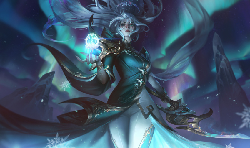 alternate_costume antenna_hair armor aurora black_nails bracelet breasts chenbo closed_mouth diana_(league_of_legends) dress expressionless facial_mark facial_tattoo fingernails floating_hair forehead_mark forehead_tattoo green_dress green_eyes hair_ornament highres holding holding_weapon jewelry league_of_legends light_particles long_hair long_sleeves looking_ahead medium_breasts mountain nail_polish night night_sky object_floating_above_hand official_alternate_costume official_art outdoors pants parted_lips shoulder_armor sidelocks sky snowflakes solo star_(sky) tattoo two-tone_dress very_long_hair weapon white_dress white_hair white_pants wide_sleeves winterblessed_diana