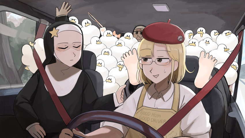 5girls ^_^ barefoot beret bird blonde_hair brown_hair car_interior cat catholic chicken closed_eyes diva_(hyxpk) duck english_commentary fishing_rod froggy_nun_(diva) glasses habit hat highres little_nuns_(diva) multiple_girls nun red_headwear seatbelt shirt short_hair spicy_nun's_mother_(diva) star_nun_(diva) star_ornament steering_wheel too_many too_many_birds traditional_nun triangle_mouth white_shirt yellow_eyes