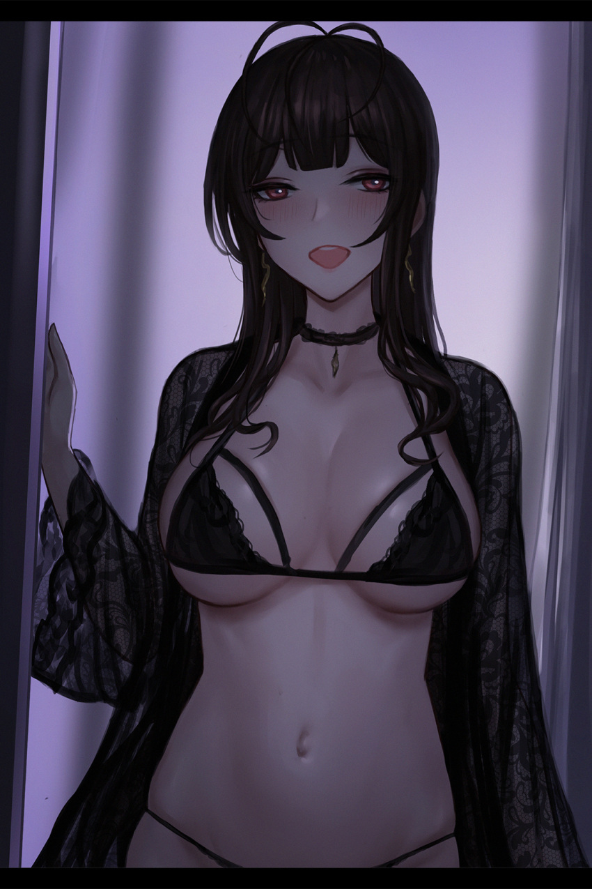 1girl antenna_hair black_bra black_panties blush bra breasts brown_hair choker collarbone commentary_request dsr-50_(girls'_frontline) earrings girls'_frontline highres jewelry large_breasts lingerie long_hair looking_at_viewer navel open_mouth panties red_eyes see-through selcky solo underwear upper_body