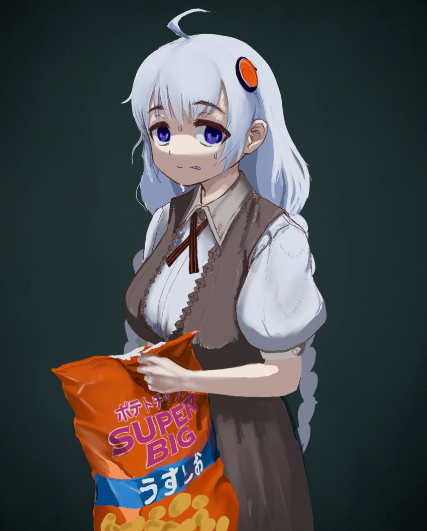 1girl ahoge bag bag_of_chips braid breasts brown_dress clenched_teeth collared_shirt commentary_request cowboy_shot cross_tie dress dress_shirt grimace hair_ornament highres holding holding_bag kamefuku kizuna_akari large_breasts long_hair looking_at_viewer low_twin_braids nervous_sweating no_jacket opening pinafore_dress puffy_short_sleeves puffy_sleeves purple_eyes shirt short_sleeves sleeveless sleeveless_dress solo sweat teeth twin_braids vocaloid voiceroid white_hair white_shirt