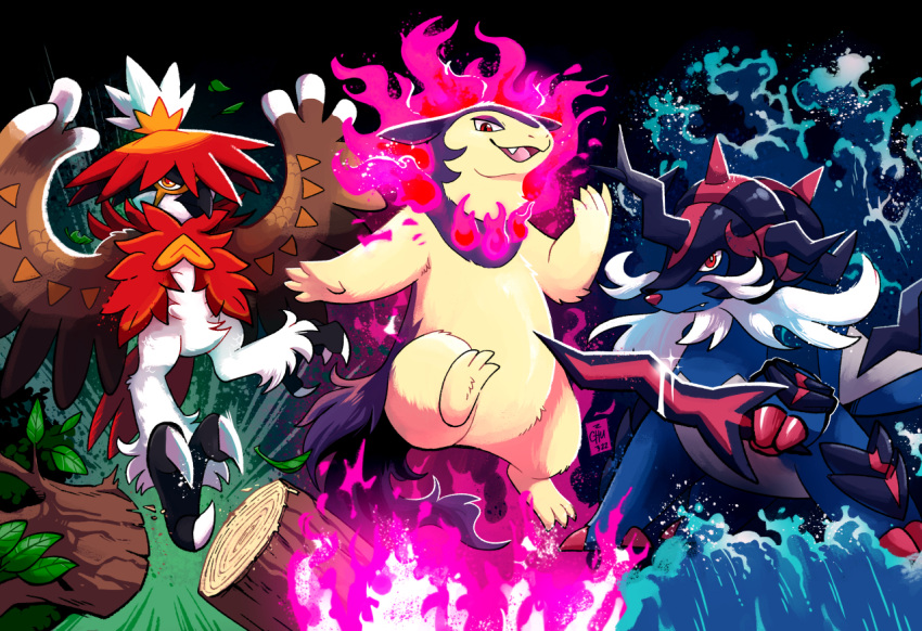 ambiguous_gender anthro armor beak black_background black_beak blue_body blue_fur brown_body brown_feathers claws colored_fire cute_fangs facial_hair feathers feral fire fur group hair hisuian_decidueye hisuian_form hisuian_samurott hisuian_typhlosion kick leaf melee_weapon nintendo open_mouth plant pokemon pokemon_(species) pokemon_legends_arceus purple_fire red_body red_eyes red_feathers red_nose regional_form_(pokemon) simple_background sword the-chu tree trio water weapon white_body white_feathers white_hair yellow_body yellow_fur