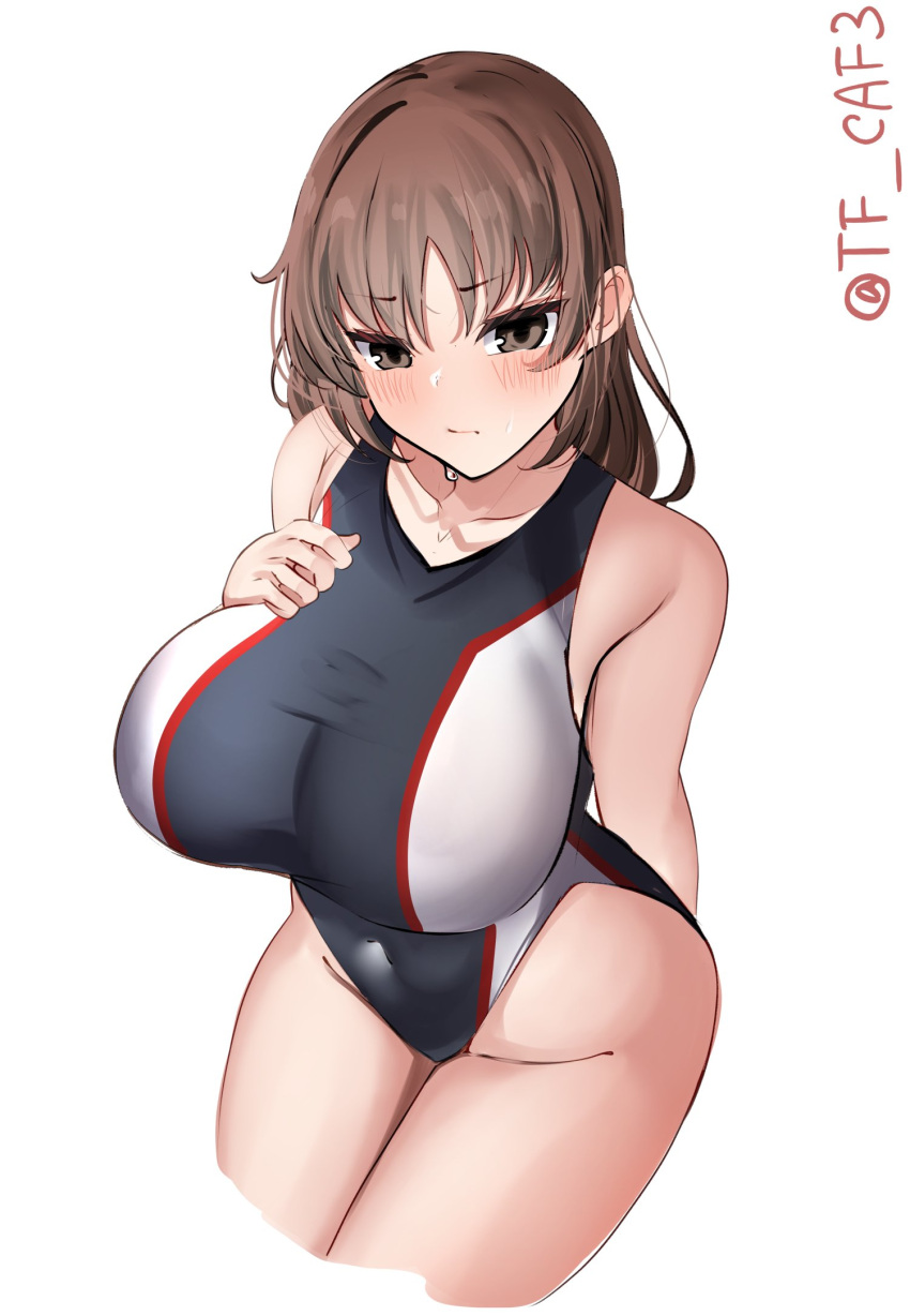 1girl black_one-piece_swimsuit blush breasts brown_eyes brown_hair chiyoda_(kancolle) competition_swimsuit covered_navel highres kantai_collection large_breasts looking_at_viewer multicolored_clothes multicolored_swimsuit one-piece_swimsuit short_hair sitting smile solo swimsuit tf_cafe twitter_username white_background