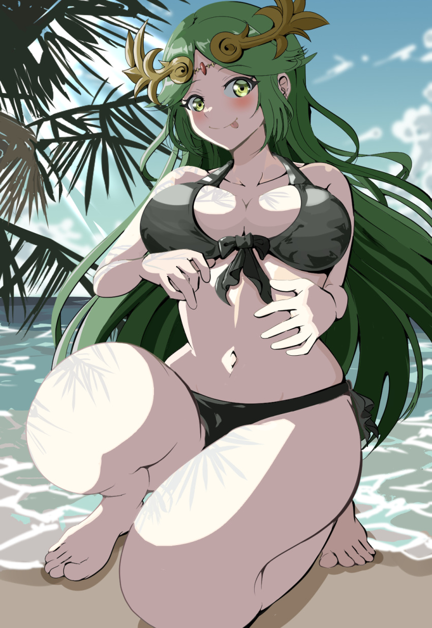 1girl :p alternate_costume beach bikini black_bikini blurry blurry_background blush breasts closed_mouth cloud cloudy_sky collarbone day feet foreshortening full_body green_eyes green_hair hair_ornament hand_on_own_stomach highres jewelry kid_icarus kid_icarus_uprising kneeling large_breasts long_hair looking_at_viewer navel outdoors palm_tree palutena parted_bangs shadow sidelocks sky smile solo stomach swimsuit taka_p_(zelda27th) thighs toes tongue tongue_out tree very_long_hair