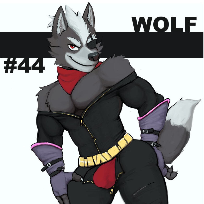 bandanna bottomwear bulge canid canine canis clothed clothing eye_patch eyewear hi_res kerchief male mammal muscular muscular_male muzzle_(disambiguation) nintendo open_bottomwear open_clothing open_pants pants pose presenting presenting_bulge red_eyes smile solo star_fox wolf wolf_o'donnell