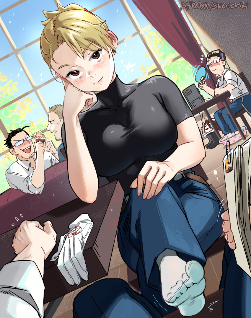 1girl 5boys absurdres black_shirt blonde_hair breasts brown_eyes chair closed_mouth day dog earrings elbow_rest elicia_hughes fanning_self flirting fullmetal_alchemist gloves gloves_removed highres indoors jewelry large_breasts looking_at_viewer maes_hughes multiple_boys photo_(object) pov riza_hawkeye roy_mustang shirt shou_tucker's_chimera sitting smile snegovski socks solo_focus stud_earrings white_gloves white_socks window