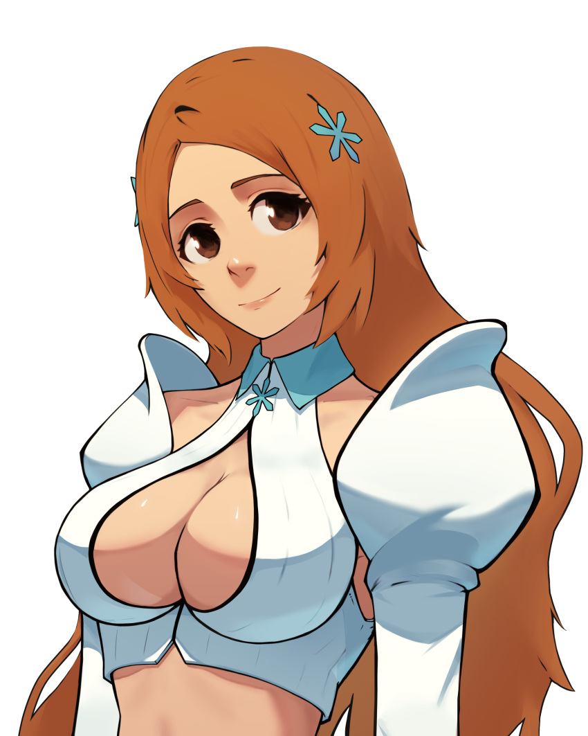 1girl bleach bleach:_the_thousand-year_blood_war breasts brown_eyes brown_hair cleavage cleavage_cutout closed_mouth clothing_cutout collared_shirt cropped_shirt detached_sleeves hair_ornament hairpin head_tilt highres inoue_orihime large_breasts long_hair looking_at_viewer parted_bangs reisonant shirt sleeveless sleeveless_shirt smile solo striped striped_shirt upper_body vertical-striped_shirt vertical_stripes white_background white_shirt white_sleeves