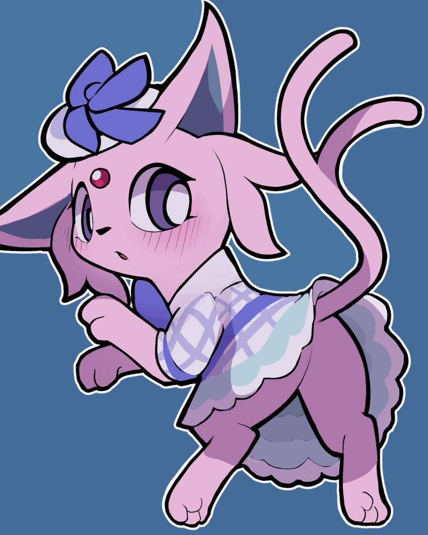 2023 ambiguous_gender blush butt checkered_style_espeon clothed clothed_feral clothing dress eeveelution espeon feral fur generation_2_pokemon hi_res holowear_(pokemon) looking_back nintendo open_mouth paws pink_body pink_fur pokemon pokemon_(species) pokemon_unite purple_eyes raised_tail seologi simple_background solo tail upskirt