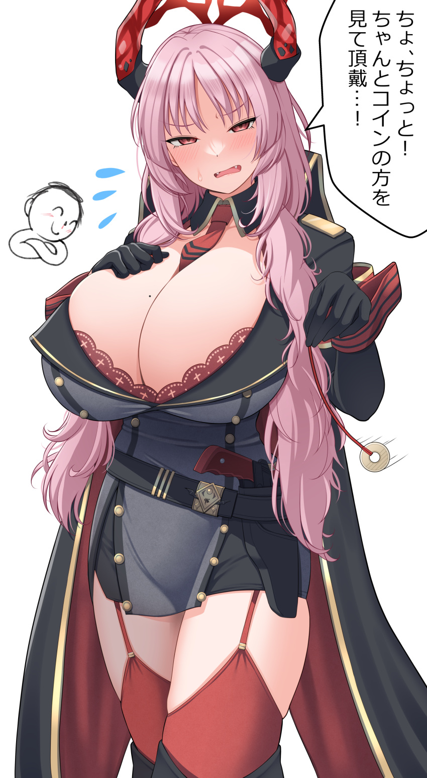 1boy 1girl absurdres arona's_sensei_doodle_(blue_archive) belt between_breasts black_belt black_cape black_gloves black_jacket blue_archive blush bra bra_peek breasts cape cleavage collarbone epaulettes fangs gloves gun halo hand_on_own_chest handgun highres holster horns huge_breasts jacket long_sleeves looking_at_viewer mauser_c96 mole mole_on_breast necktie necktie_between_breasts nekojima nose_blush open_mouth pendulum pink_hair red_bra red_eyes red_garter_straps satsuki_(blue_archive) sensei_(blue_archive) sidelocks simple_background thighhighs underwear weapon white_background