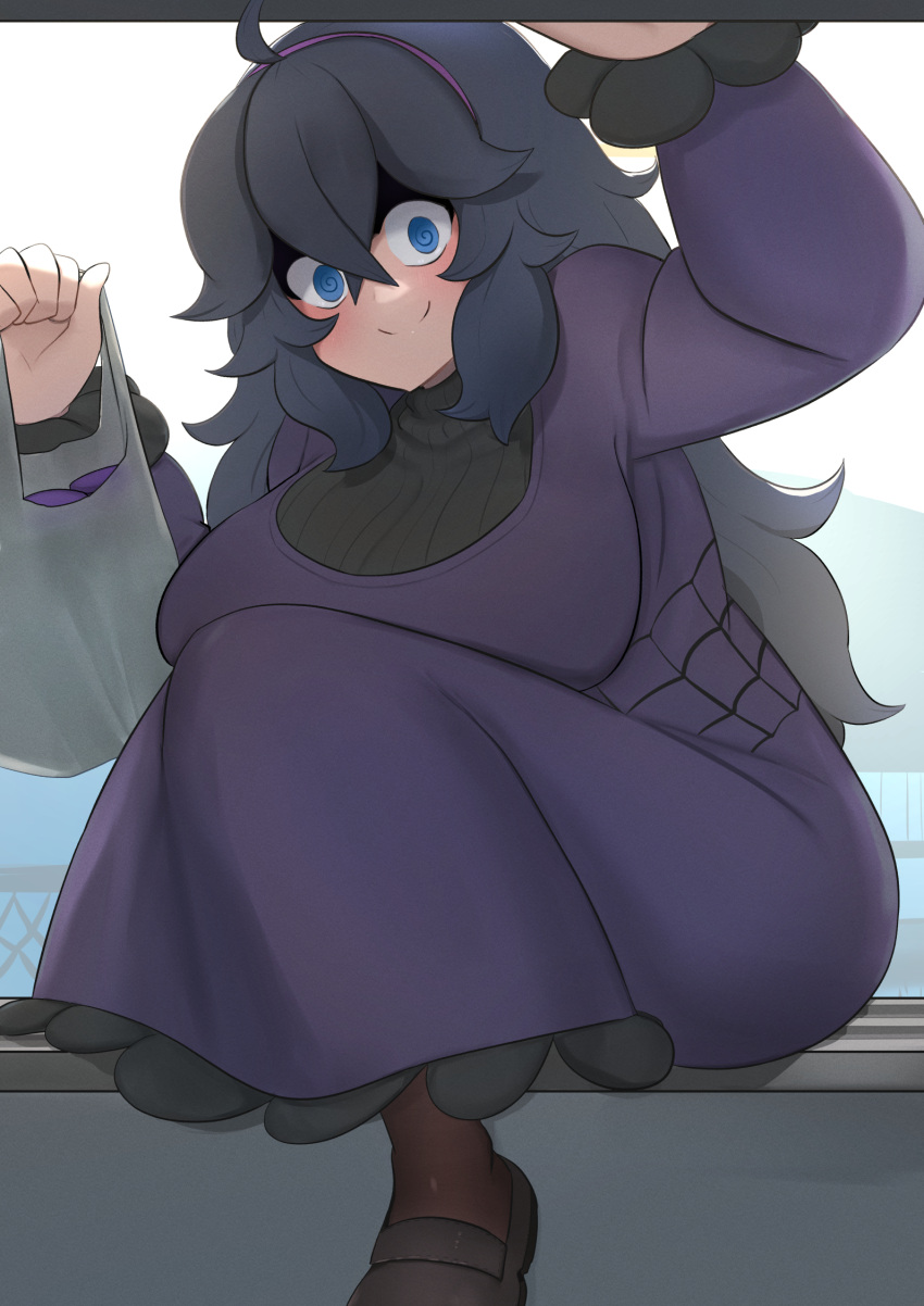 1girl @_@ ahoge alternate_breast_size bag bags_under_eyes blue_eyes blush breasts commentary dress grocery_bag hair_between_eyes hairband hex_maniac_(pokemon) highres john_(a2556349) large_breasts long_hair looking_at_viewer messy_hair pantyhose pokemon pokemon_xy purple_hair purple_hairband shopping_bag smile solo