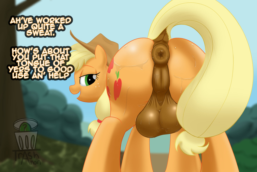 absurd_res anus applejack_(mlp) balls blonde_hair bodily_fluids butt clothing cowboy_hat crossgender dialogue english_text feral friendship_is_magic ftg_crossgender fti_crossgender genitals green_eyes gynomorph hair hasbro hat headgear headwear hi_res intersex my_little_pony puffy_anus quadruped solo sweat sweaty_balls sweaty_butt sweaty_genitalia text trash_anon