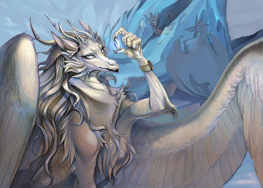 book chalene_(raesheris) cheek_tuft chest_tuft claws clock crystal dragon eyelashes facial_tuft feathered_wings feathers female feral fingers fluffy fur group hair hi_res horn long_hair long_neck male mane raesheris snout tail tuft watch white_body wings