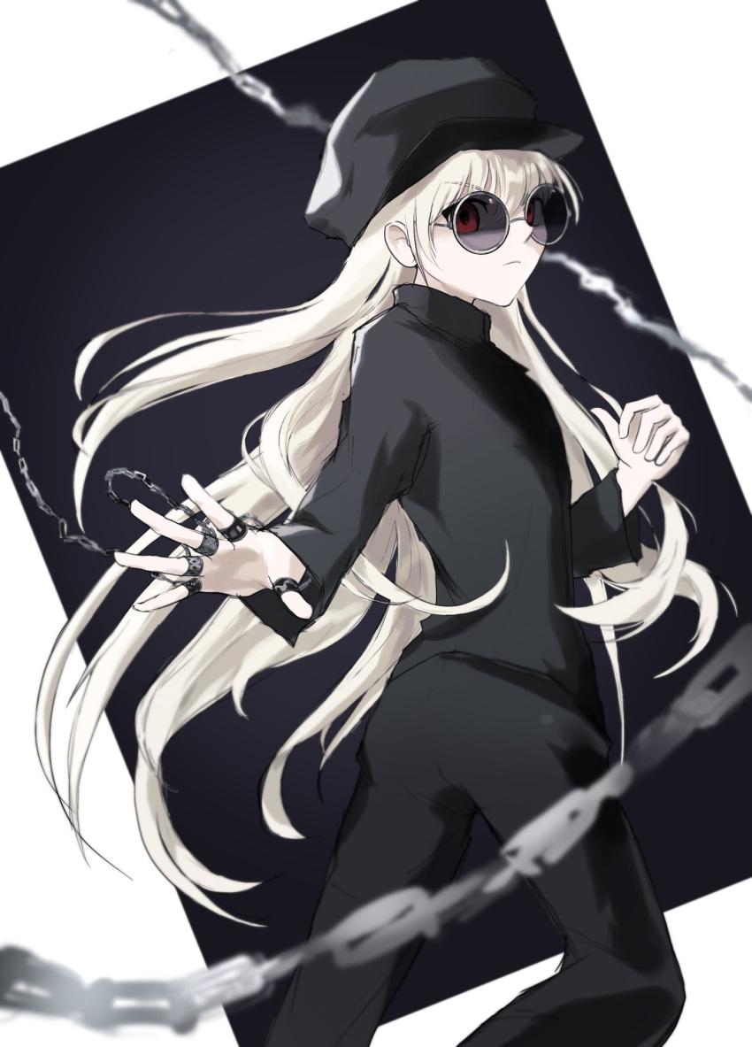 1other androgynous black_background black_shirt blonde_hair cabbie_hat chain cowboy_shot hat highres hunter_x_hunter jewelry kurapika long_hair long_sleeves looking_at_viewer nen_(hunter_x_hunter) notmebaka red_eyes ring shirt solo thumb_ring two-tone_background white_background