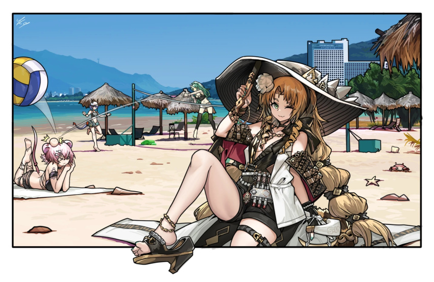 &gt;_&lt; 4girls animal_ears anklet arknights ball barefoot beach beach_chair beach_mat black_shorts blue_hair blue_sky border braid breasts building center_opening ch'en_(arknights) choker cleavage collarbone commentary crab day dragon_girl dragon_horns dragon_tail drill_hair drill_sidelocks ears_through_headwear fang female_tourist_c_(arknights) flower green_eyes green_hair green_nails hair_flower hair_ornament hairclip hand_fan head_bump high_heels holding holding_fan horns horns_through_headwear hoshiguma_(arknights) jewelry jumping kuroinu9 lin_(arknights) long_hair looking_at_viewer lying mountain mountainous_horizon mouse_ears mouse_girl mouse_tail multiple_girls ocean official_alternate_costume on_stomach one_eye_closed oni_horns outdoors pink_hair ringlets sandals shorts side_drill sidelocks single_horn sitting skin_fang sky soles starfish swire_(arknights) swire_the_elegant_wit_(arknights) symbol-only_commentary tail tank_top thatched_roof thigh_strap tiger_ears tiger_girl twin_braids volleyball volleyball_(object)