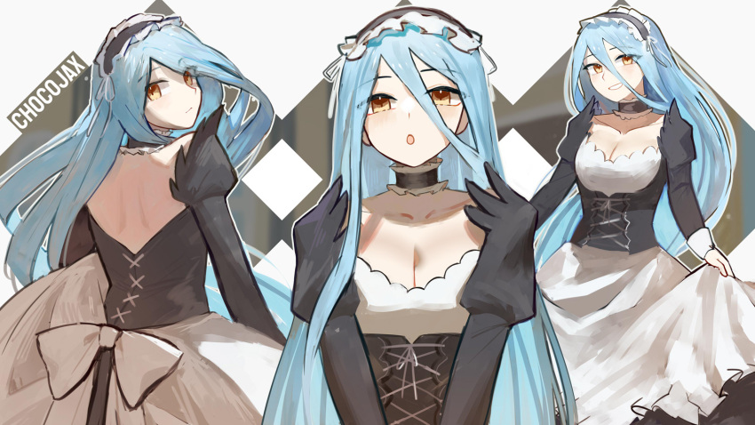 1girl alternate_costume apron azura_(fire_emblem) blue_hair blush breasts chocojax cleavage closed_mouth dress expressionless expressions fire_emblem fire_emblem_fates frilled_apron frills hair_between_eyes highres long_hair long_sleeves looking_at_viewer maid maid_apron medium_breasts multiple_views open_mouth simple_background smile solo veil very_long_hair waist_apron white_apron white_background yellow_eyes