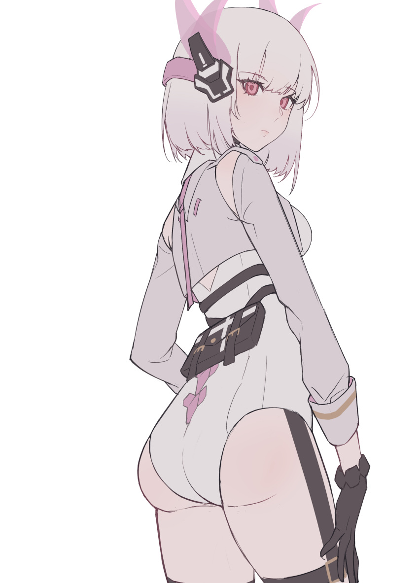 1girl absurdres accessories ass bodysuit from_behind gloves highres liv_(punishing:_gray_raven) looking_back pink_eyes punishing:_gray_raven skin_tight thighs white_hair xtears_kitsune