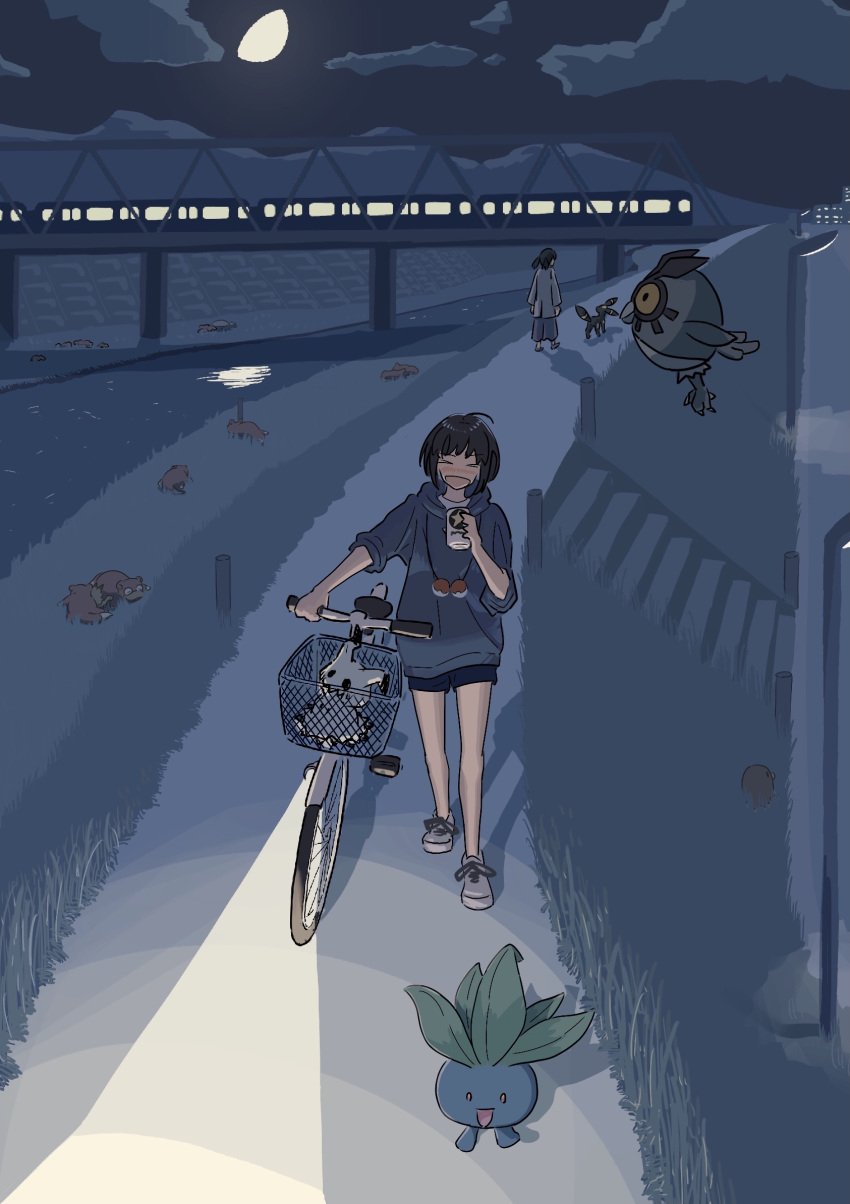 &gt;_&lt; 2girls bicycle black_hair black_shorts bridge closed_eyes cloud commentary_request grey_footwear highres holding hood hoodie hoothoot lamppost legs mimikyu moon multiple_girls nasunasu night oddish outdoors pokemon pokemon_(creature) river shoes short_hair shorts sky slowpoke stairs standing umbreon water