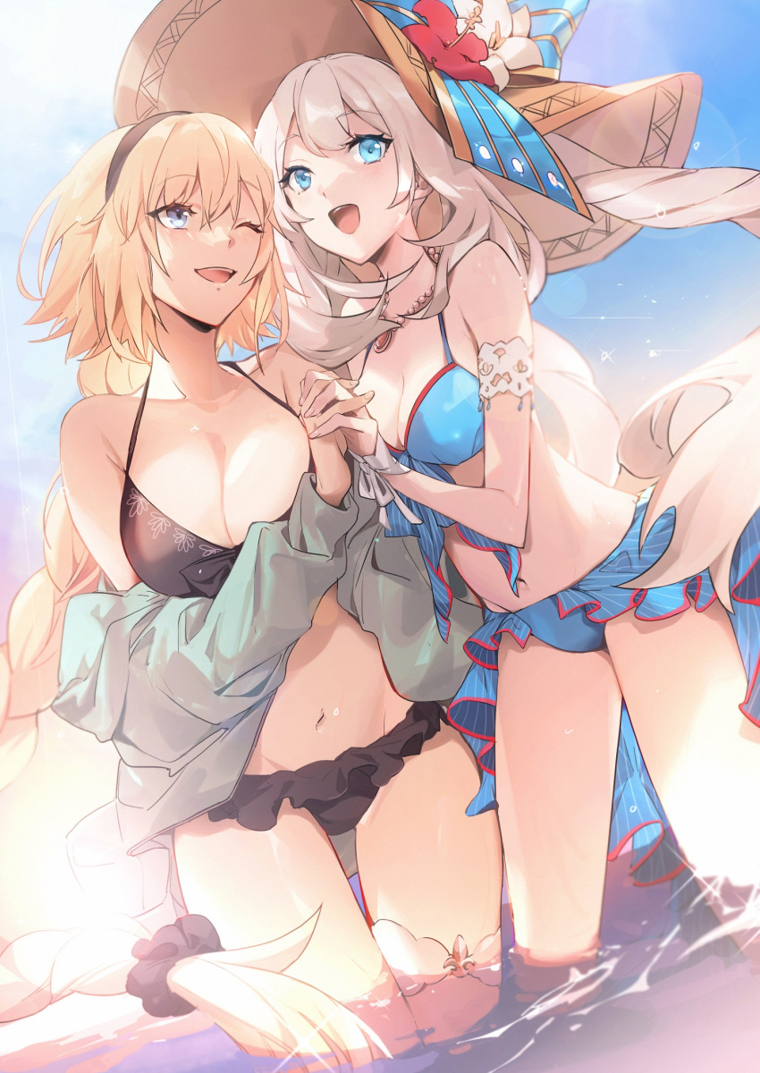 2girls bare_shoulders bikini black_bikini blonde_hair blue_bikini blue_eyes blue_jacket blush braid braided_ponytail breasts cleavage collarbone fate/grand_order fate_(series) hairband hat highres hood hooded_jacket jacket jeanne_d'arc_(fate) jeanne_d'arc_(swimsuit_archer)_(fate) jeanne_d'arc_(swimsuit_archer)_(first_ascension)_(fate) jewelry large_breasts long_hair long_sleeves looking_at_viewer marie_antoinette_(fate) marie_antoinette_(swimsuit_caster)_(fate) marie_antoinette_(swimsuit_caster)_(third_ascension)_(fate) medium_breasts multiple_girls necklace no-kan ocean off_shoulder one_eye_closed open_mouth outdoors sidelocks smile sun_hat swimsuit thighs twintails very_long_hair wading white_hair