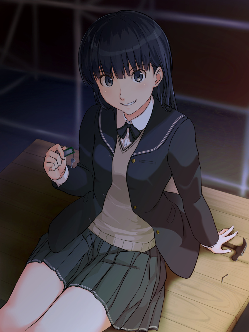 1girl amagami ayatsuji_tsukasa black_eyes black_hair black_jacket black_ribbon black_sailor_collar blazer box clenched_teeth collared_shirt grey_skirt hammer highres holding holding_hammer holding_key jacket key kibito_high_school_uniform long_hair long_sleeves looking_at_viewer nail neck_ribbon on_box open_clothes open_jacket pleated_skirt ribbon sailor_collar school_uniform shirt sitting sitting_on_box skirt solo straight_hair sweater_vest takenoko_saba_otto teeth thighs white_shirt wooden_box yellow_sweater_vest