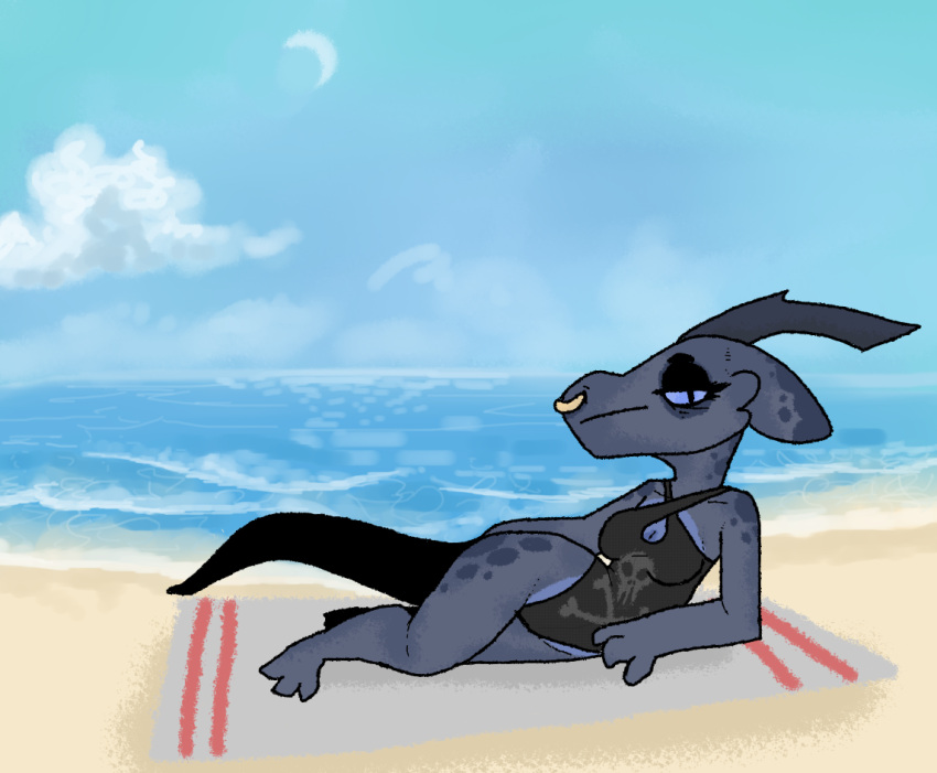 2020 anthro beach biped black_clothing black_eyes black_tail blue_body blue_ears blue_horn blue_scales blue_sclera breasts claws clothing cloud ear_markings eyelashes eyeshadow facial_piercing female grey_clothing horn kobold lying makeup markings moon multicolored_body multicolored_ears multicolored_scales nose_piercing nose_ring on_towel outside paws piercing ring_piercing sand scale_markings scales scalie seascape seaside sky solo squablodecomplash tail towel two_tone_body two_tone_ears two_tone_scales vex_(squablodecomplash) water